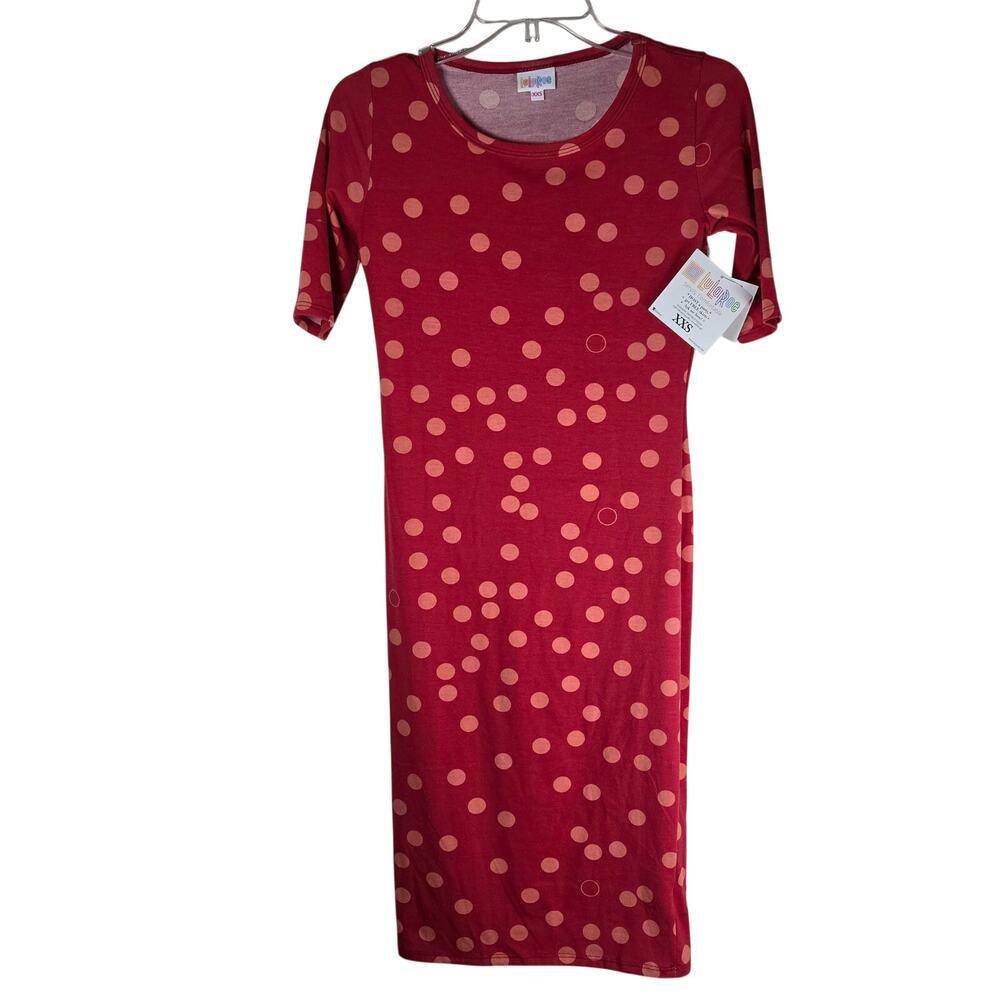 LuLaRoe Julia Dress Womens XXS Burgundy Gold Polka Dot Midi Fitted Short Slv NWT